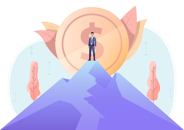 Businessman standing on the top of mountain with big dollar coin in background. business leadership and achievements concept.