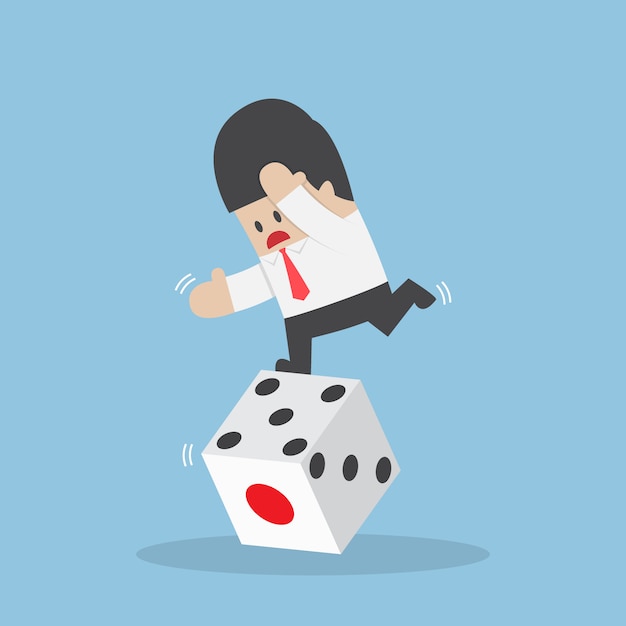 Vector businessman standing on unstable dice