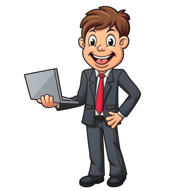 Businessman standing while holding laptop clip art character vector illustration