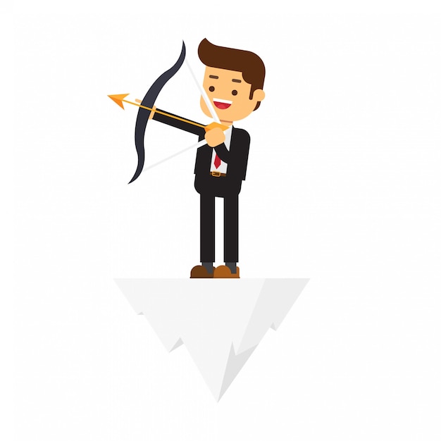 Businessman standing with bow and arrow on top of the hill