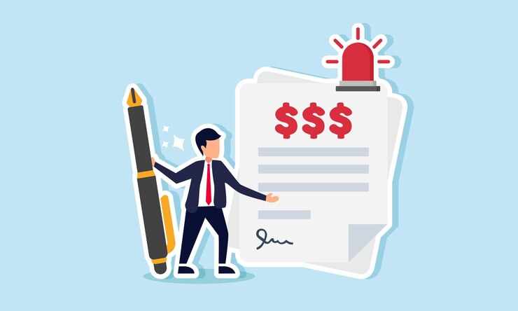 Vector a businessman standing with a pen next to an alarmed dollar payment paper