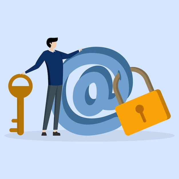 이메일 기호에 강력한 자물쇠 보안으로 서 있는 사업가. 방어하는 보안 시스템