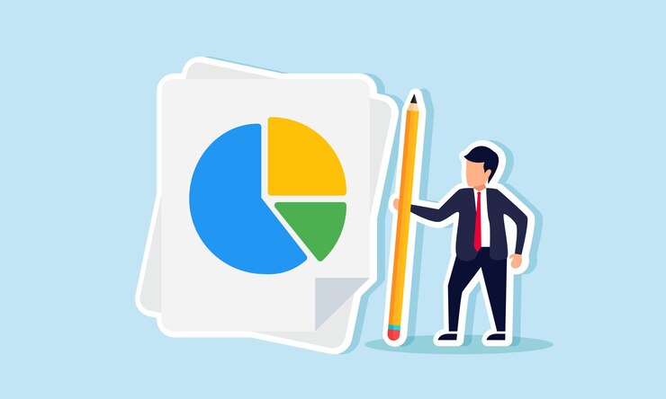 Vector a businessman stands beside a paper with a pie chart holding a pencil illustration of preparing a dividend distribution report