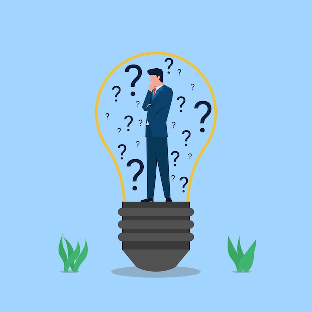 Vector businessman stands in the bulb with question marks around metaphor of confuse to find idea.