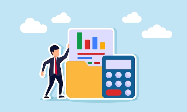 a businessman stands next to a calculator and a folder containing chart documents illustration of targeting increased revenue and profit
