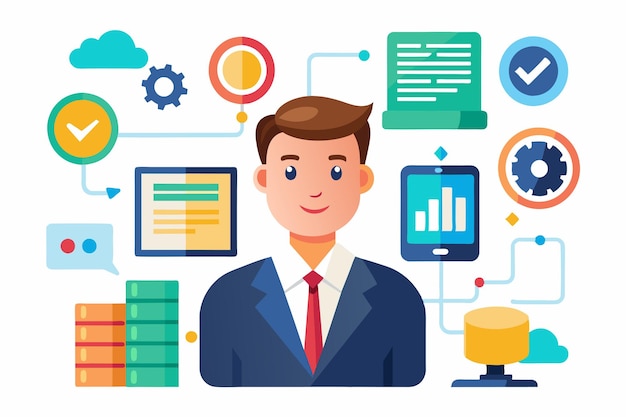 A businessman stands confidently amidst various data input icons ...