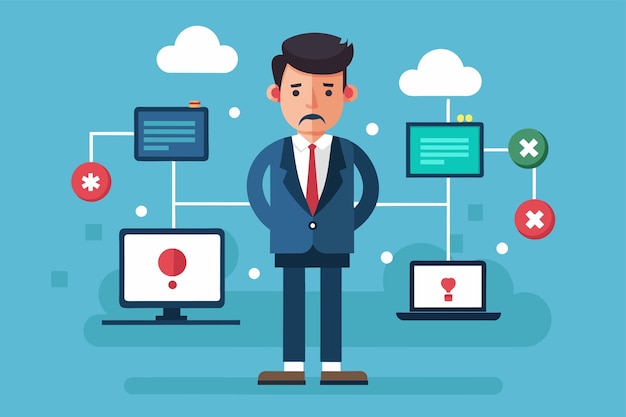 A businessman stands in front of computer monitors that display network errors businessman with network error computer simple and minimalist flat vector illustration