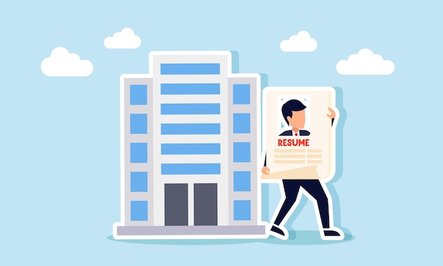 a businessman stands next to an office building holding a resume paper