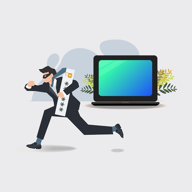 Vector businessman stealing data by hacking passwords cyber crime concept vector illustration