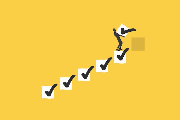 Businessman step stairs on checklist to target Progression from start to success opportunity improvement competition finish project and goal