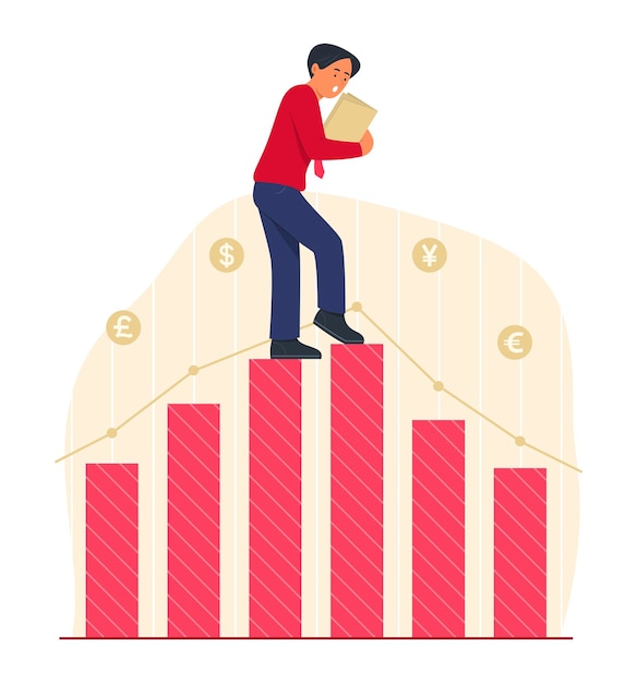 Businessman step up carefully on top of growing bar graph concept illustration