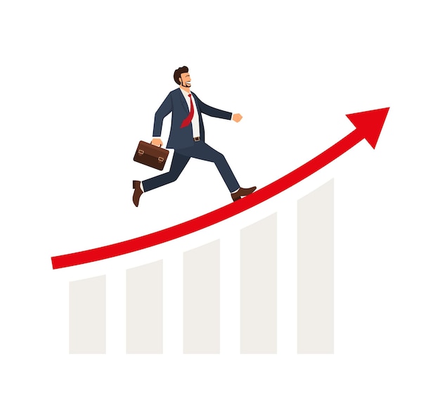 Бизнесмен поднимается по лестнице в соответствии с концепцией уровня самосовершенствования и роста к успеху в карьере выбор пути к успешной векторной иллюстрации бизнес-целей