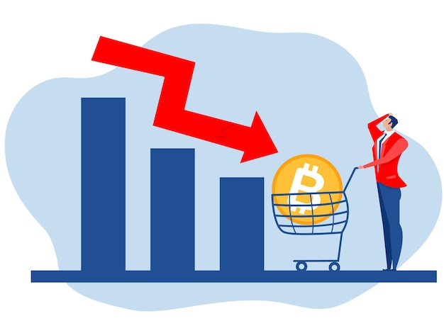 Vettore imprenditore stress bitcoin prezzo verso il basso del mercato azionario bitcoin diagramma di caduta del prezzo in calo economico