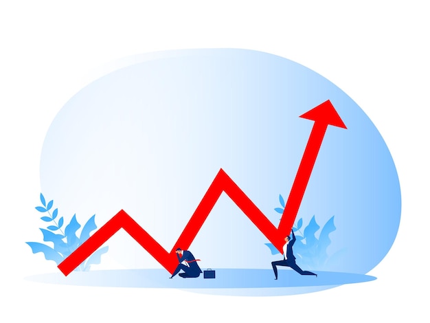 Businessman stress with people pushes Red Arrow Up Financial