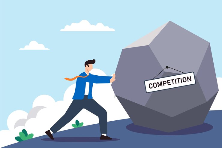 Vector businessman struggles to push large rock labeled competition uphill concept market challenges