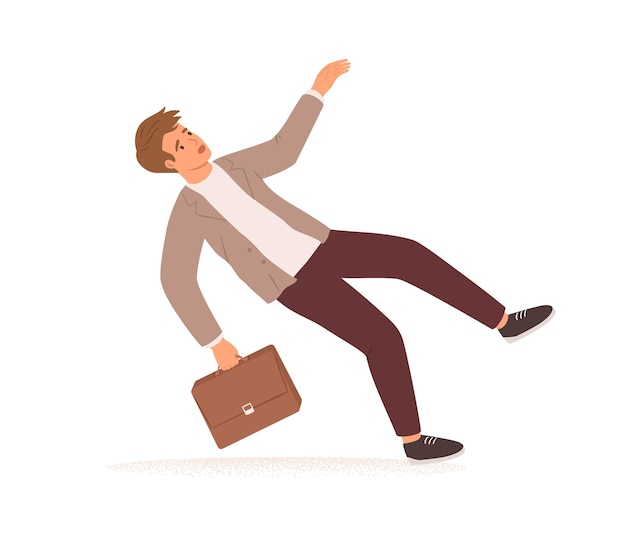 Vector businessman stumbling and falling down. fall of young man with briefcase. career failure, fiasco, crisis, problem and trouble concept. colored flat vector illustration isolated on white background.