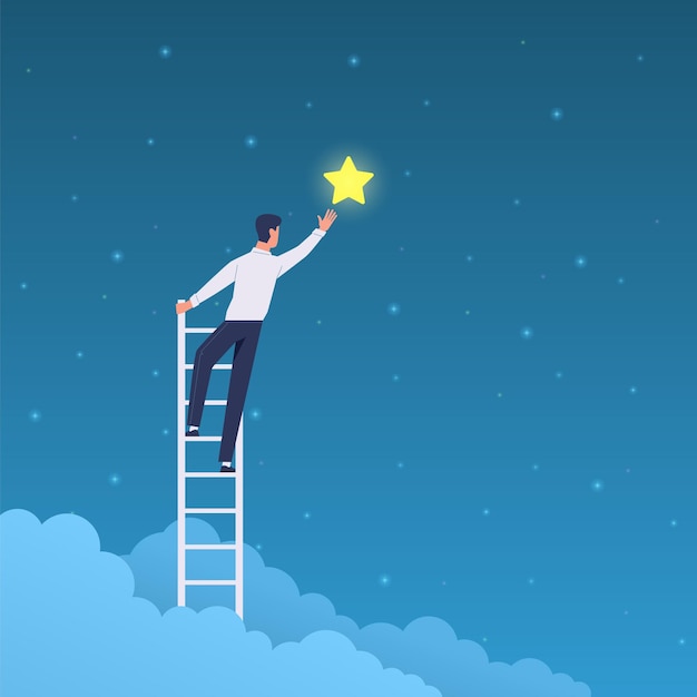 Businessman success. cartoon man on ladder reaches stars on sky. achieve goal and dream, leadership, opportunity and business career, professional growth. vector concept