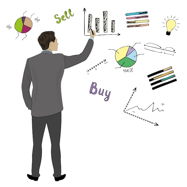 Businessman in suit back view hand touch doodle finance charts and graphs vector illustration