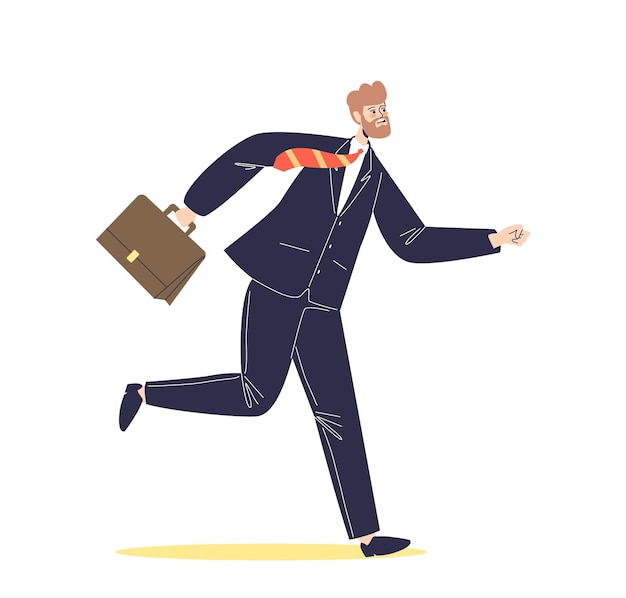 Businessman in suit run to work being late successful young business man with suitcase rushing