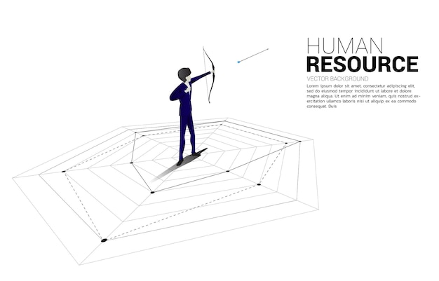 Uomo d'affari in tuta sparare la freccia sul grafico a ragno concetto di reclutamento perfetto le risorse umane hanno messo l'uomo giusto al posto giusto