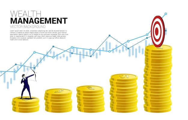 양복을 입은 사업가는 마케팅 대상 및 고객의 돈 동전 스택 비즈니스 개념을 대상으로 화살표를 쏴