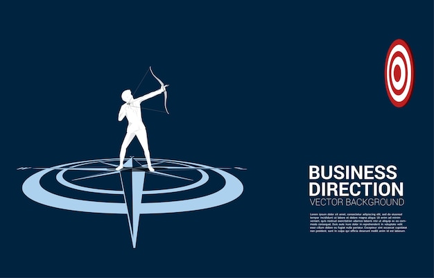 Businessman in suit shoot the arrow to target standing at center of compass on floorConcept of career path and business direction