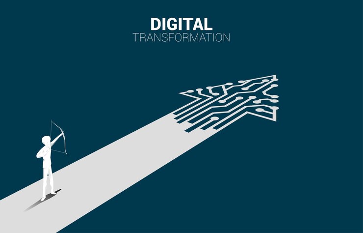 Vector businessman in suit shoot the arrow to target on the way with dot connect line circuit concept of digital transformation of business