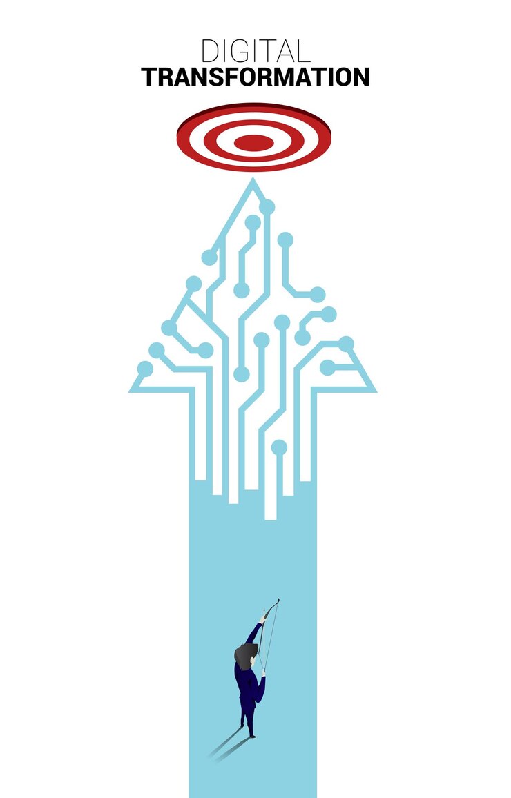 Vector businessman in suit shoot the arrow to target on the way with dot connect line circuit concept of digital transformation of business