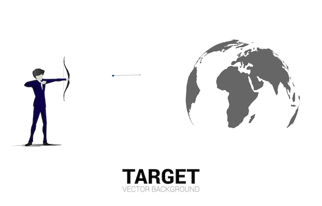 Uomo d'affari in tuta sparare la freccia sulla mappa del mondo business concept of world target mission