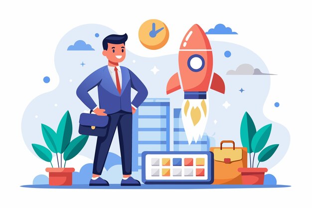 Vector a businessman in a suit stands confidently next to a rocket ready for launch businessman planning month of business launch simple and minimalist flat vector illustration