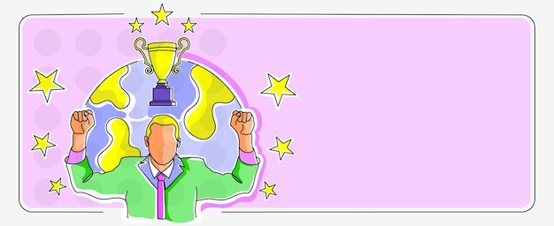 Businessman in suit surrounded with stars globe background cheering reaching project success