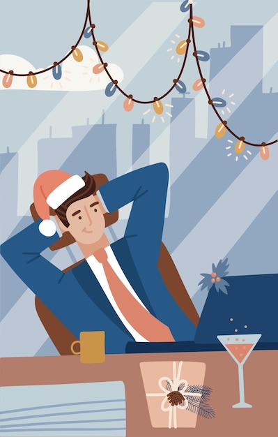 Vector businessman in suit working with computer on table in the office and celebrating happy new year and merry christmas. concept business and holiday. secret santa. vector flat illustration.