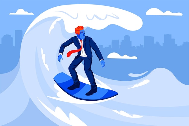 파도에 서핑을 하는 사업가 비즈니스 개념 그림