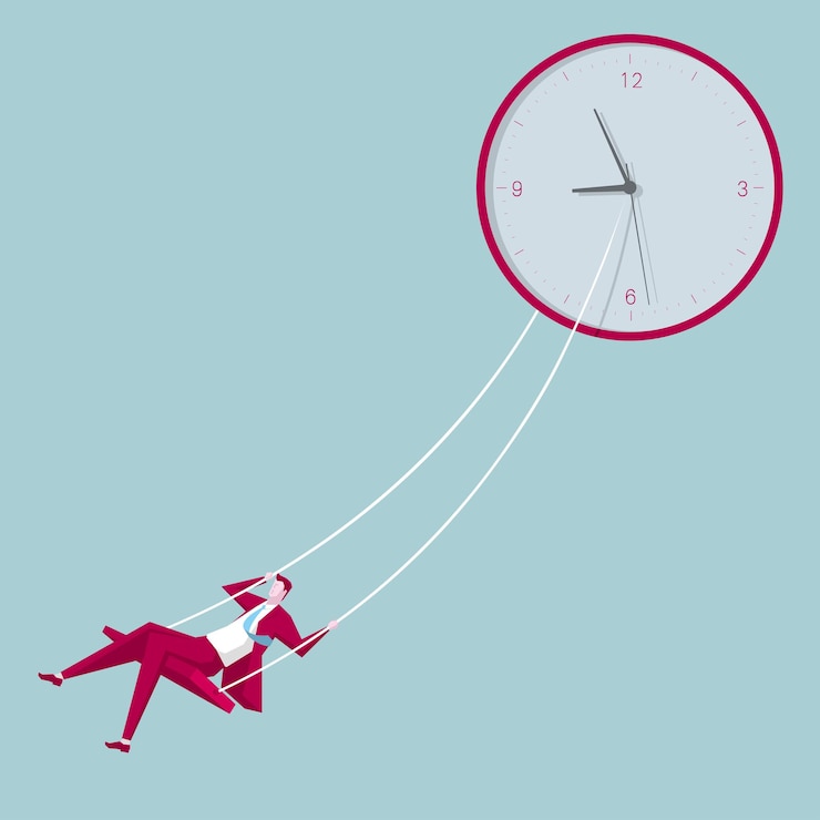 Vector businessman swinging. hang on the clock.isolated blue background.