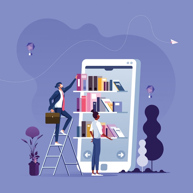 Vector businessman taking books from bookshelf on smartphone screen.