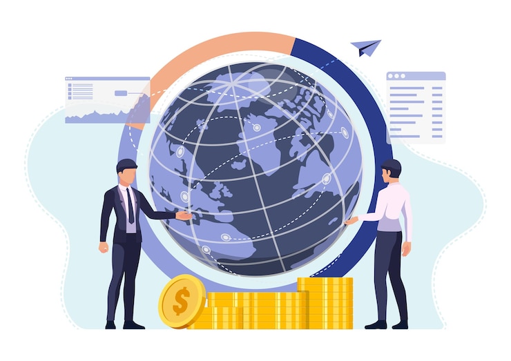 वेक्टर businessman talking to his partner with earth globe and global network. global business concept.