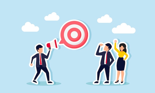 A businessman talks to another entrepreneur using a megaphone forming a target board in a chat bubble illustration of promotion and education for the team about business targets