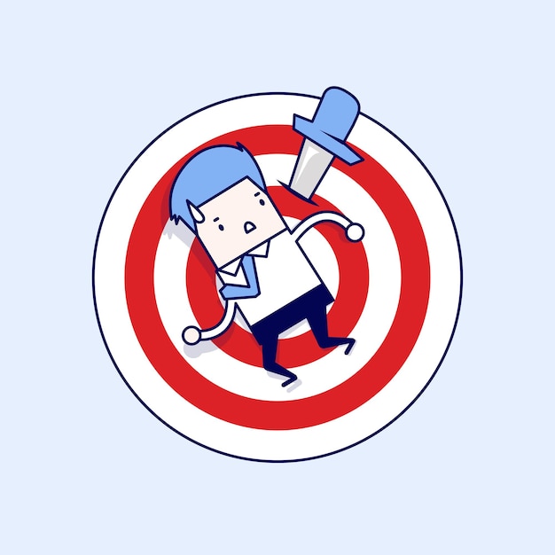 Businessman on target with knife. Cartoon character thin line style vector.