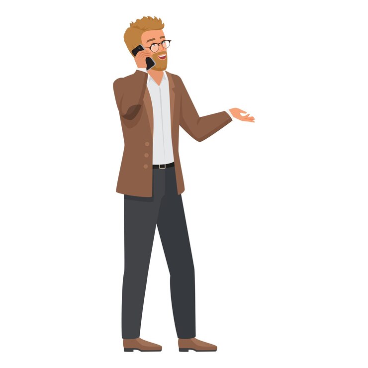 Vector businessman or teacher talking on mobile phone office workers dialogue