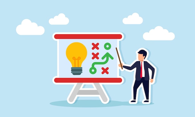 Businessman teaching with a pointer next to a board featuring a light and strategy path illustration of strategies to enhance and optimize business ideas