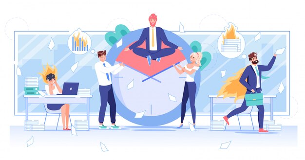 Premium Vector | Businessman team leader meditating sit in lotus position in stressful noisy messy office. Busy hurrying employee burnout due to failure deadline. Practicing yoga stress relief exercise at workplace