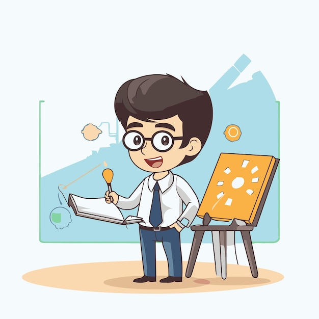 Businessman tekent op het whiteboard Vector cartoon personage illustratie