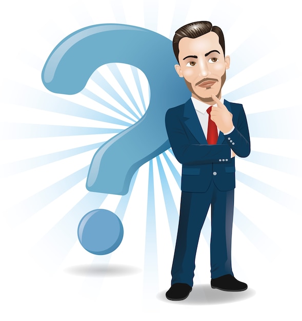 Businessman thinking with big question mark background