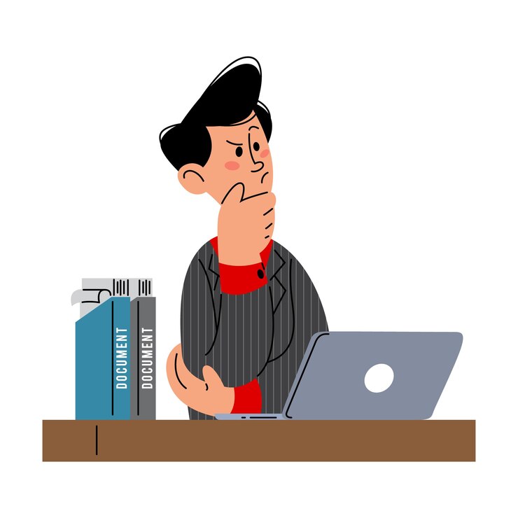 Vector businessman thinking on working desk flat vector illustration