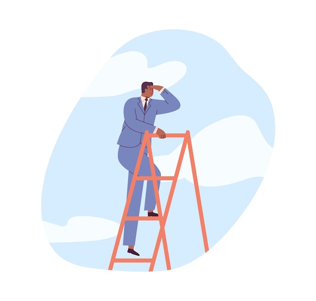 Vector businessman at top of career ladder with growth limits, searching for new opportunities, looking in future. concept of ambitions and aspirations. flat vector illustration isolated on white background