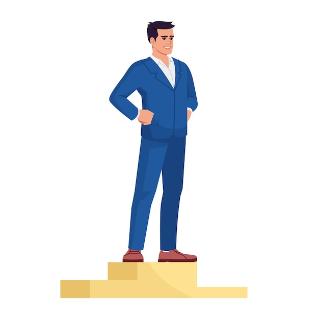 Businessman top positions semi flat rgb color vector illustration. successful entrepreneur on podium isolated cartoon character on white background. market leadership and ambitions concept