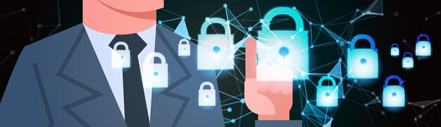 businessman touch virtual padlock 