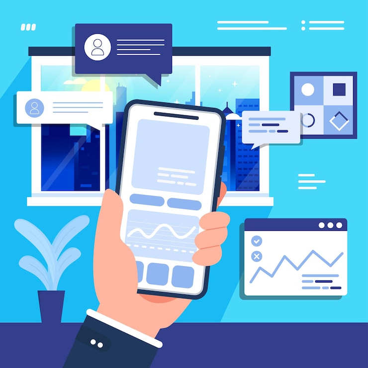 Vector businessman touching mobile phone and using app vector illustrious