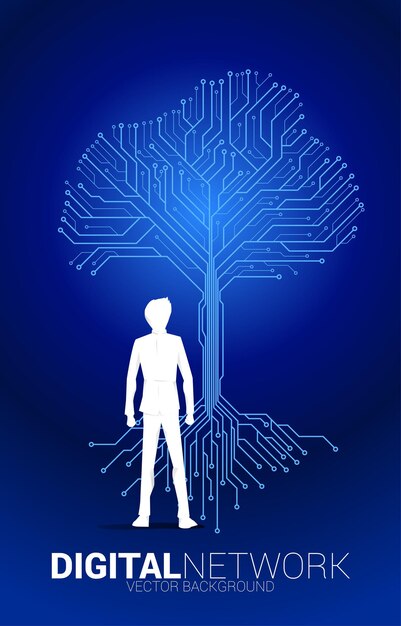 ビジネスマンとツリーは、デジタルラインからドット回路基板スタイルを接続しますデジタルトランスフォーメーションの背景概念