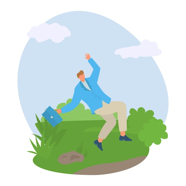 Vector businessman tripping over a stone on a grass field losing balance with briefcase accident at work